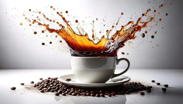 A Splash of Caffeine.A white coffee cup with a dramatic splash of dark coffee. Coffee beans and grounds surround the cup, adding to the rich, aromatic atmosphere. The image evokes a sense of energy and anticipation, perfect for a coffee-themed project.