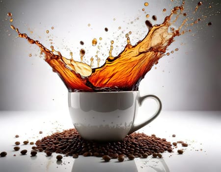 A Splash of Caffeine.A white coffee cup with a dramatic splash of dark coffee. Coffee beans and grounds surround the cup, adding to the rich, aromatic atmosphere. The image evokes a sense of energy and anticipation, perfect for a coffee-themed project.