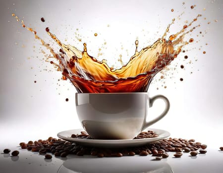 A Splash of Caffeine.A white coffee cup with a dramatic splash of dark coffee. Coffee beans and grounds surround the cup, adding to the rich, aromatic atmosphere. The image evokes a sense of energy and anticipation, perfect for a coffee-themed project.