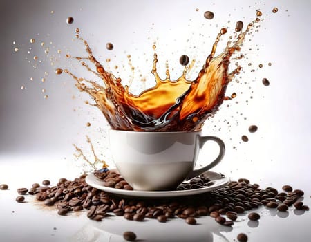 A Splash of Caffeine.A white coffee cup with a dramatic splash of dark coffee. Coffee beans and grounds surround the cup, adding to the rich, aromatic atmosphere. The image evokes a sense of energy and anticipation, perfect for a coffee-themed project.