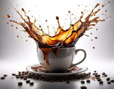 A Splash of Caffeine.A white coffee cup with a dramatic splash of dark coffee. Coffee beans and grounds surround the cup, adding to the rich, aromatic atmosphere. The image evokes a sense of energy and anticipation, perfect for a coffee-themed project.