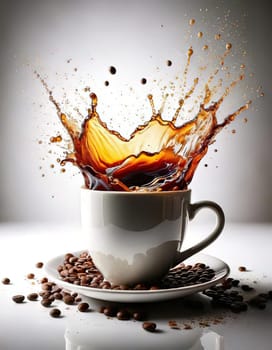 A Splash of Caffeine.A white coffee cup with a dramatic splash of dark coffee. Coffee beans and grounds surround the cup, adding to the rich, aromatic atmosphere. The image evokes a sense of energy and anticipation, perfect for a coffee-themed project.