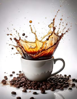 A Splash of Caffeine.A white coffee cup with a dramatic splash of dark coffee. Coffee beans and grounds surround the cup, adding to the rich, aromatic atmosphere. The image evokes a sense of energy and anticipation, perfect for a coffee-themed project.