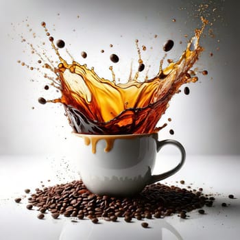 A Splash of Caffeine.A white coffee cup with a dramatic splash of dark coffee. Coffee beans and grounds surround the cup, adding to the rich, aromatic atmosphere. The image evokes a sense of energy and anticipation, perfect for a coffee-themed project.