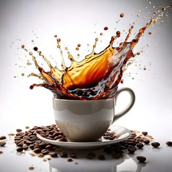 A Splash of Caffeine.A white coffee cup with a dramatic splash of dark coffee. Coffee beans and grounds surround the cup, adding to the rich, aromatic atmosphere. The image evokes a sense of energy and anticipation, perfect for a coffee-themed project.