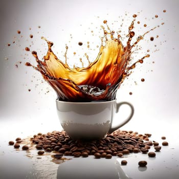A Splash of Caffeine.A white coffee cup with a dramatic splash of dark coffee. Coffee beans and grounds surround the cup, adding to the rich, aromatic atmosphere. The image evokes a sense of energy and anticipation, perfect for a coffee-themed project.