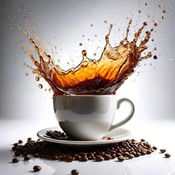 A Splash of Caffeine.A white coffee cup with a dramatic splash of dark coffee. Coffee beans and grounds surround the cup, adding to the rich, aromatic atmosphere. The image evokes a sense of energy and anticipation, perfect for a coffee-themed project.