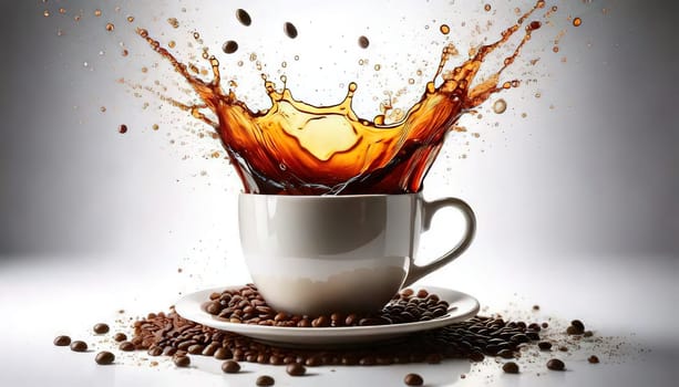 A Splash of Caffeine.A white coffee cup with a dramatic splash of dark coffee. Coffee beans and grounds surround the cup, adding to the rich, aromatic atmosphere. The image evokes a sense of energy and anticipation, perfect for a coffee-themed project.