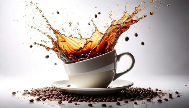 A Splash of Caffeine.A white coffee cup with a dramatic splash of dark coffee. Coffee beans and grounds surround the cup, adding to the rich, aromatic atmosphere. The image evokes a sense of energy and anticipation, perfect for a coffee-themed project.