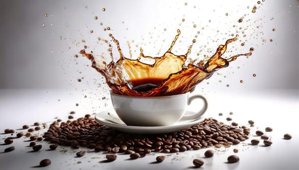 A Splash of Caffeine.A white coffee cup with a dramatic splash of dark coffee. Coffee beans and grounds surround the cup, adding to the rich, aromatic atmosphere. The image evokes a sense of energy and anticipation, perfect for a coffee-themed project.