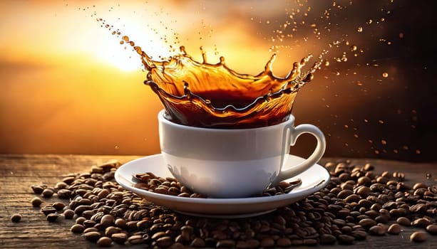 A Splash of Caffeine.A white coffee cup with a dramatic splash of dark coffee. Coffee beans and grounds surround the cup, adding to the rich, aromatic atmosphere. The image evokes a sense of energy and anticipation, perfect for a coffee-themed project.