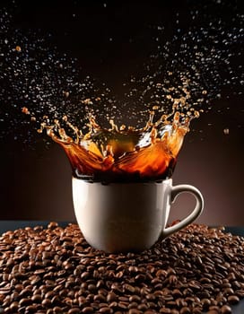 A Splash of Caffeine.A white coffee cup with a dramatic splash of dark coffee. Coffee beans and grounds surround the cup, adding to the rich, aromatic atmosphere. The image evokes a sense of energy and anticipation, perfect for a coffee-themed project.