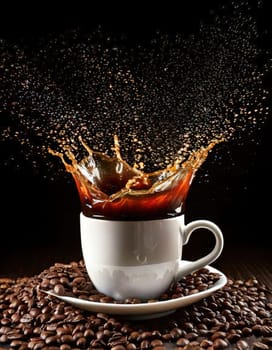 A Splash of Caffeine.A white coffee cup with a dramatic splash of dark coffee. Coffee beans and grounds surround the cup, adding to the rich, aromatic atmosphere. The image evokes a sense of energy and anticipation, perfect for a coffee-themed project.
