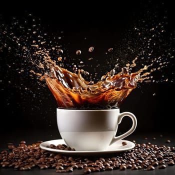 A Splash of Caffeine.A white coffee cup with a dramatic splash of dark coffee. Coffee beans and grounds surround the cup, adding to the rich, aromatic atmosphere. The image evokes a sense of energy and anticipation, perfect for a coffee-themed project.