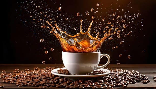 A Splash of Caffeine.A white coffee cup with a dramatic splash of dark coffee. Coffee beans and grounds surround the cup, adding to the rich, aromatic atmosphere. The image evokes a sense of energy and anticipation, perfect for a coffee-themed project.