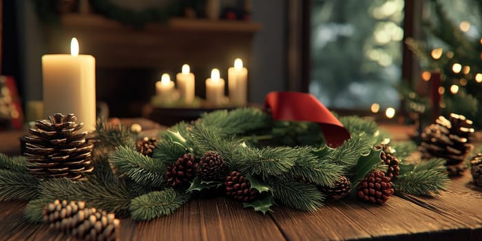 Holiday wreath making scene with evergreen branches and pinecones for festive home decor.