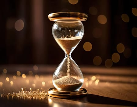 Sands of Time.A timeless hourglass, its grains of sand slowly slipping away.The image symbolizes the passage of time, the fleeting nature of moments, and the inevitable march of destiny.