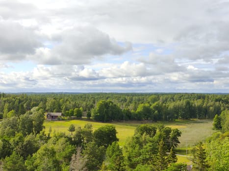 Panorama of the Gulf of Finland and the Islands. Northern nature. Finnish nature, Baltic Sea, view from the height, pine forest and cloudy sky