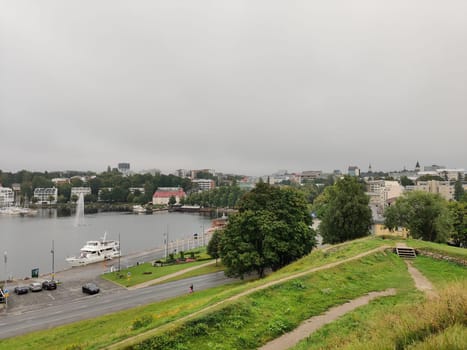 Lappeenranta, Finland, August 22, 2024 - view of the city's central promenade at the rainy summer day