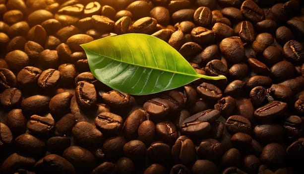Coffee Bean Harmony.A captivating image of coffee beans, rich and dark, with vibrant green leaves nestled amidst them. The contrast between the dark beans and the bright leaves creates a visually striking composition, symbolizing the perfect balance of nature and cultivation. The image evokes a sense of warmth, comfort, and the rich aroma of freshly brewed coffee.