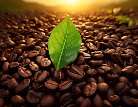 Coffee Bean Harmony.A captivating image of coffee beans, rich and dark, with vibrant green leaves nestled amidst them. The contrast between the dark beans and the bright leaves creates a visually striking composition, symbolizing the perfect balance of nature and cultivation. The image evokes a sense of warmth, comfort, and the rich aroma of freshly brewed coffee.