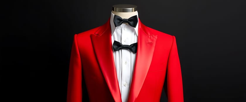 A crisp white shirt and a classic black bow tie peek out from beneath a bold, crimson tuxedo jacket, the vibrant red a striking contrast against the dark background. The smooth, glossy fabric of the suit exudes an air of sophistication and confidence, ready for an evening of celebration and intrigue.