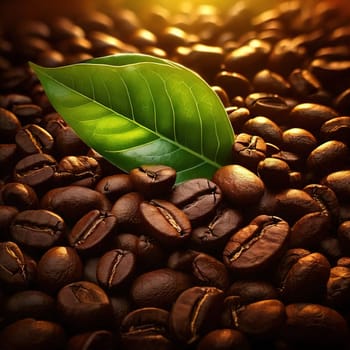 Coffee Bean Harmony.A captivating image of coffee beans, rich and dark, with vibrant green leaves nestled amidst them. The contrast between the dark beans and the bright leaves creates a visually striking composition, symbolizing the perfect balance of nature and cultivation. The image evokes a sense of warmth, comfort, and the rich aroma of freshly brewed coffee.