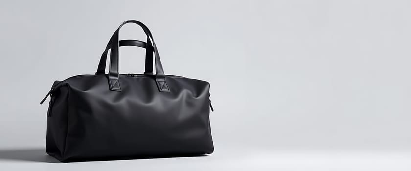 A sleek, black travel bag rests on a minimalist, white backdrop. Its smooth, almost wet-looking surface and subtle sheen catch the light, highlighting its simple yet elegant design. The bag's solitary presence creates a sense of anticipation and adventure, hinting at journeys yet to be taken.