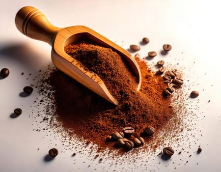 Coffee Beans and Ground Coffee.A close-up photo of ground coffee powder in a wooden scoop, with a few coffee beans scattered around. The coffee powder has a dark brown color and a rich aroma.