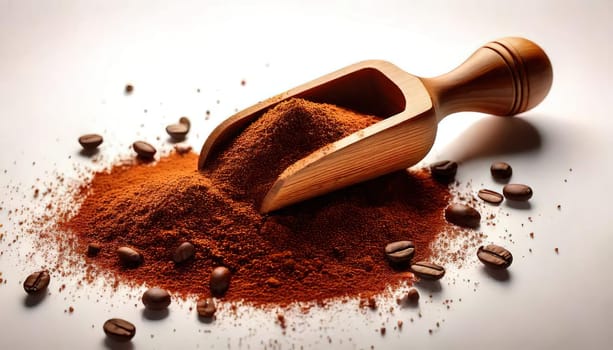 Coffee Beans and Ground Coffee.A close-up photo of ground coffee powder in a wooden scoop, with a few coffee beans scattered around. The coffee powder has a dark brown color and a rich aroma.
