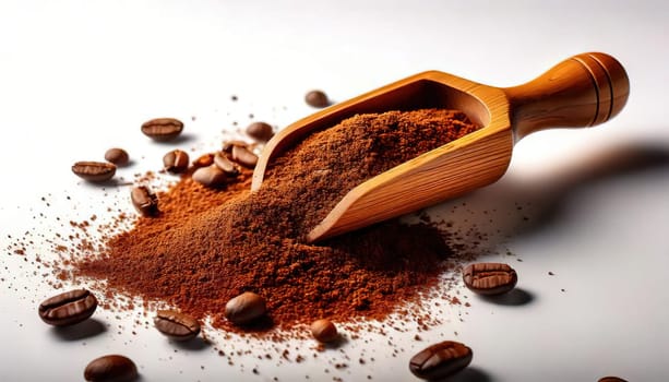 Coffee Beans and Ground Coffee.A close-up photo of ground coffee powder in a wooden scoop, with a few coffee beans scattered around. The coffee powder has a dark brown color and a rich aroma.