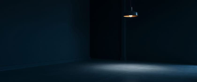 A single lightbulb hangs from the ceiling, casting a warm glow onto the tiled floor of an otherwise dark room. The stark contrast between the illuminated patch and the surrounding darkness creates a dramatic and intriguing atmosphere. The minimal elements and soft lighting evoke a sense of mystery and anticipation.