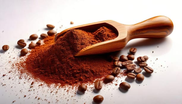Coffee Beans and Ground Coffee.A close-up photo of ground coffee powder in a wooden scoop, with a few coffee beans scattered around. The coffee powder has a dark brown color and a rich aroma.