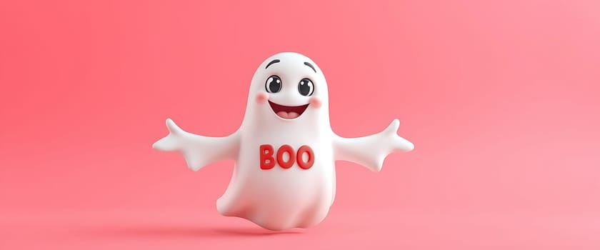 A whimsical ghost with rosy cheeks floats against a vibrant pink backdrop, its wide eyes and playful smile radiating pure joy. The cheerful, almost cartoonish ghost, emblazoned with the word BOO in red, creates a lighthearted and festive atmosphere.