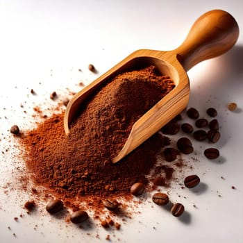 Coffee Beans and Ground Coffee.A close-up photo of ground coffee powder in a wooden scoop, with a few coffee beans scattered around. The coffee powder has a dark brown color and a rich aroma.