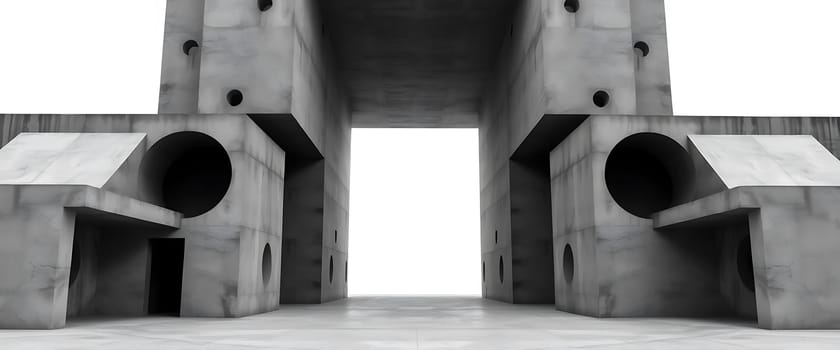A stark concrete structure, punctuated by circular cutouts, creates a sense of mystery and intrigue. The scene evokes a feeling of isolation, with the smooth, gray surfaces and harsh angles leading the eye towards a distant, undefined destination. The geometric shapes and the play of light and shadow create a visually striking composition.