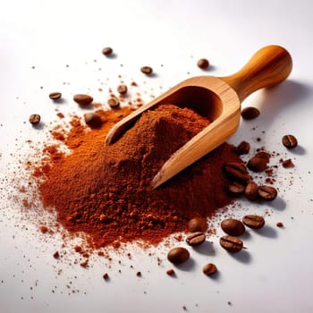 Coffee Beans and Ground Coffee.A close-up photo of ground coffee powder in a wooden scoop, with a few coffee beans scattered around. The coffee powder has a dark brown color and a rich aroma.
