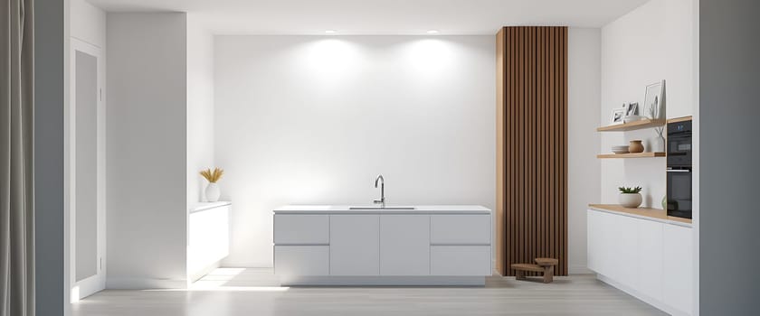 A minimalist kitchen, bathed in soft light, features sleek white cabinets and a gleaming stainless steel sink. A vertical wooden panel adds a natural element and a touch of warmth to the otherwise stark space, creating a serene and inviting atmosphere. The minimalist design and subtle accents create a feeling of tranquility and modern sophistication.