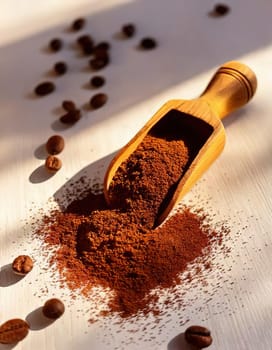 Coffee Beans and Ground Coffee.A close-up photo of ground coffee powder in a wooden scoop, with a few coffee beans scattered around. The coffee powder has a dark brown color and a rich aroma.