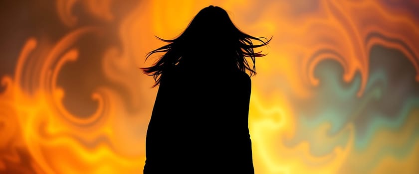 A stark silhouette of a woman with flowing hair stands against a vibrant backdrop of swirling orange and blue hues. The ethereal quality of the background and the mysterious figure create a sense of mystery and intrigue. A feeling of movement and freedom emanates from the image, leaving viewers to wonder about the womans story and the world around her.