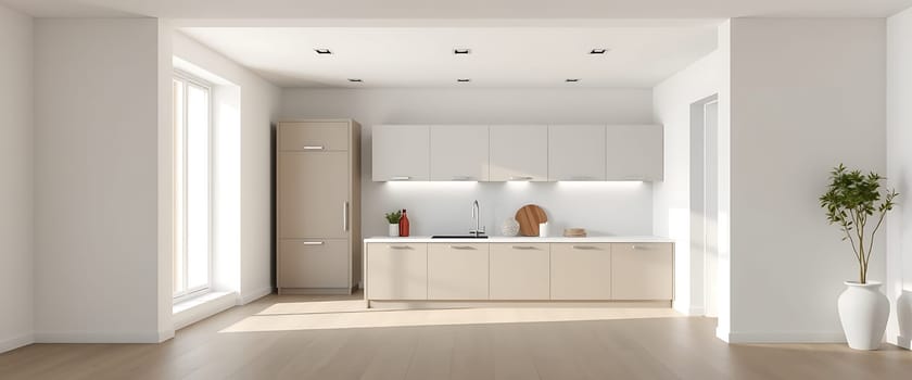 A minimalist kitchen, bathed in soft sunlight, features sleek white cabinets and a single, large window that provides a view of the outside world. The space is punctuated with simple accents, like a potted plant and a wooden cutting board, creating a clean and inviting atmosphere.