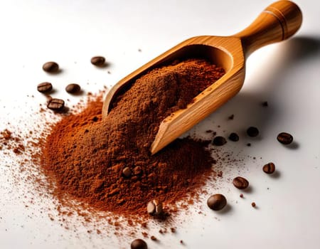 Coffee Beans and Ground Coffee.A close-up photo of ground coffee powder in a wooden scoop, with a few coffee beans scattered around. The coffee powder has a dark brown color and a rich aroma.