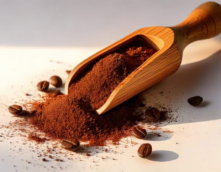 Coffee Beans and Ground Coffee.A close-up photo of ground coffee powder in a wooden scoop, with a few coffee beans scattered around. The coffee powder has a dark brown color and a rich aroma.
