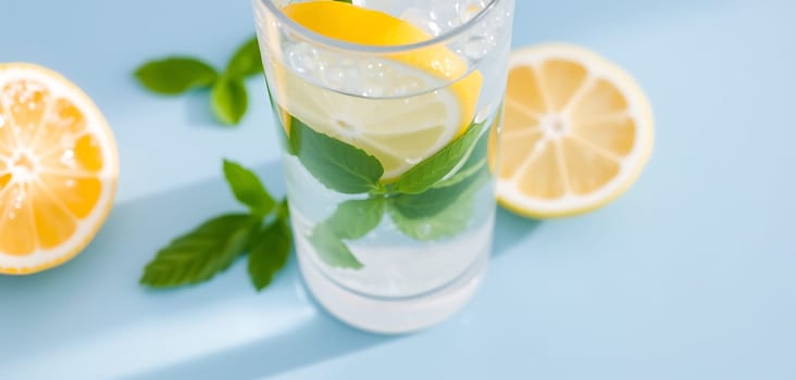 A refreshing glass of lemonade, garnished with mint leaves, rests on a light blue backdrop. The clear liquid shimmers with light, and the lemon slices add a burst of vibrant yellow, creating a visually appealing composition. The scene evokes a sense of summertime refreshment and tranquility.