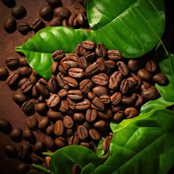 Coffee Bean Harmony.A captivating image of coffee beans, rich and dark, with vibrant green leaves nestled amidst them. The contrast between the dark beans and the bright leaves creates a visually striking composition, symbolizing the perfect balance of nature and cultivation. The image evokes a sense of warmth, comfort, and the rich aroma of freshly brewed coffee.