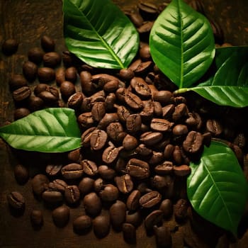 Coffee Bean Harmony.A captivating image of coffee beans, rich and dark, with vibrant green leaves nestled amidst them. The contrast between the dark beans and the bright leaves creates a visually striking composition, symbolizing the perfect balance of nature and cultivation. The image evokes a sense of warmth, comfort, and the rich aroma of freshly brewed coffee.