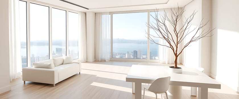 A modern living space bathed in the warm glow of sunlight streaming through expansive windows, offering stunning views of a cityscape and sparkling water. The minimalist design, featuring white walls, furniture, and sheer curtains, creates an airy and serene atmosphere. A lone branchless tree in a white pot adds a touch of natural elegance to the space.