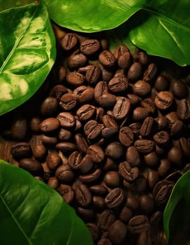 Coffee Bean Harmony.A captivating image of coffee beans, rich and dark, with vibrant green leaves nestled amidst them. The contrast between the dark beans and the bright leaves creates a visually striking composition, symbolizing the perfect balance of nature and cultivation. The image evokes a sense of warmth, comfort, and the rich aroma of freshly brewed coffee.