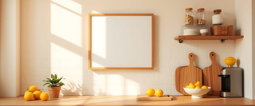 A minimalist kitchen counter bathed in warm sunlight, showcasing a blank canvas framed in wood and an array of bright yellow lemons, creating a welcoming and inviting ambiance. The scene embodies a sense of calm and simplicity, ideal for capturing the essence of modern home living.