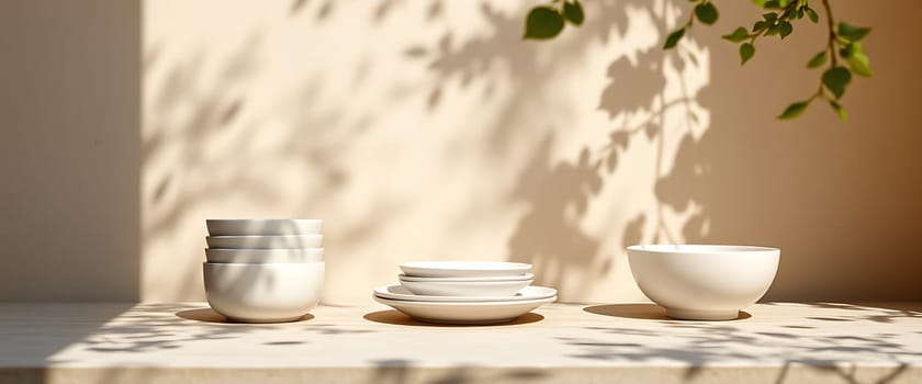 The scene is bathed in soft, warm light, casting delicate shadows of leaves on a wooden surface. Three stacks of pristine white bowls stand ready, their smooth curves and elegant simplicity creating a sense of tranquility and inviting a moment of peace. The minimalist arrangement evokes a feeling of calm and sophistication, highlighting the beauty of everyday objects.